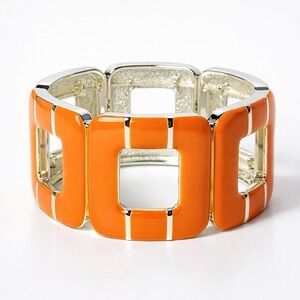 Vintage 90s Orange Silver Enamel Link Bracelet Chunky Stretch Mod Geometric